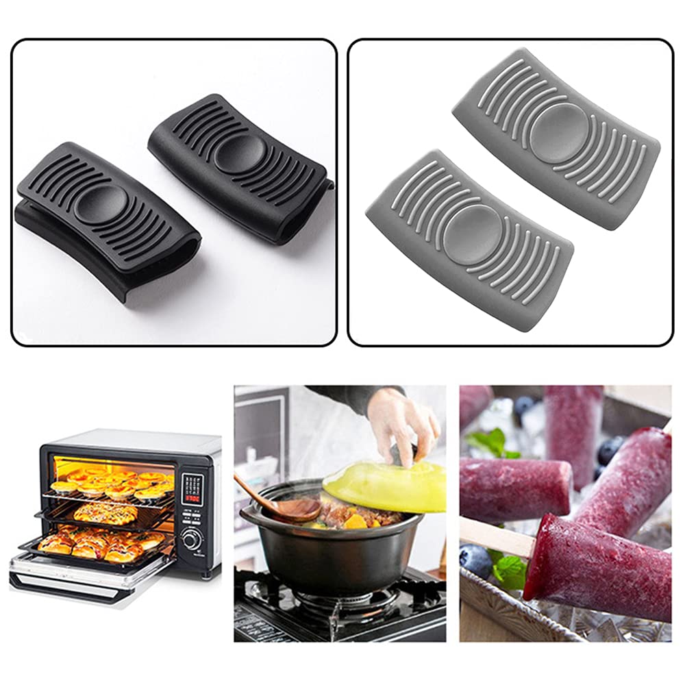 Xihuimay 2 Pairs Silicone Mitts Hot Pot Grip Handle Cover Sleeve Grip Mitt Pinch Grip Microwave Frying Pans Anti-scalding Gloves Griddles Mittens Clips for Kitchen Cooking Baking BBQ, Grey Black