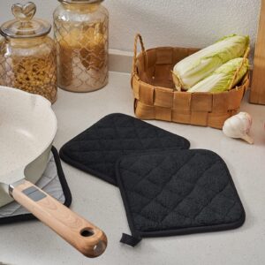 Kitchen Pot Holders Set Heat Resistant Pure Cotton Potholders Kit Trivets Large Coasters Hot Pads Terry Pot Holders for Everyday Cooking and Baking by 7 x 7 Inch Set of 6 Black