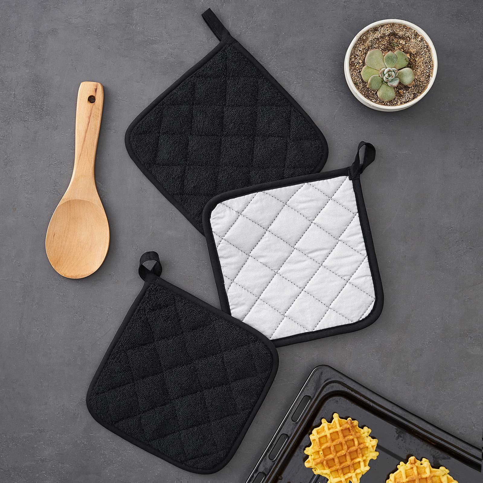 Kitchen Pot Holders Set Heat Resistant Pure Cotton Potholders Kit Trivets Large Coasters Hot Pads Terry Pot Holders for Everyday Cooking and Baking by 7 x 7 Inch Set of 6 Black