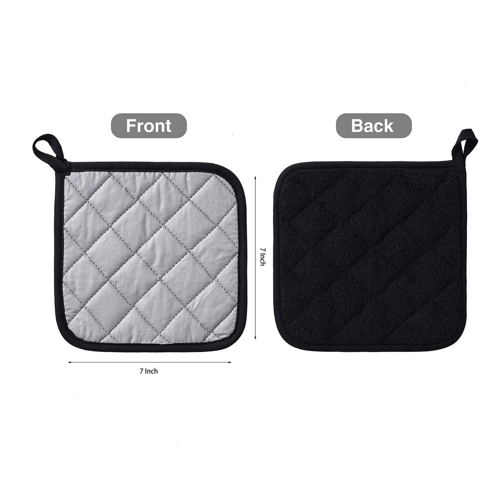 Kitchen Pot Holders Set Heat Resistant Pure Cotton Potholders Kit Trivets Large Coasters Hot Pads Terry Pot Holders for Everyday Cooking and Baking by 7 x 7 Inch Set of 6 Black