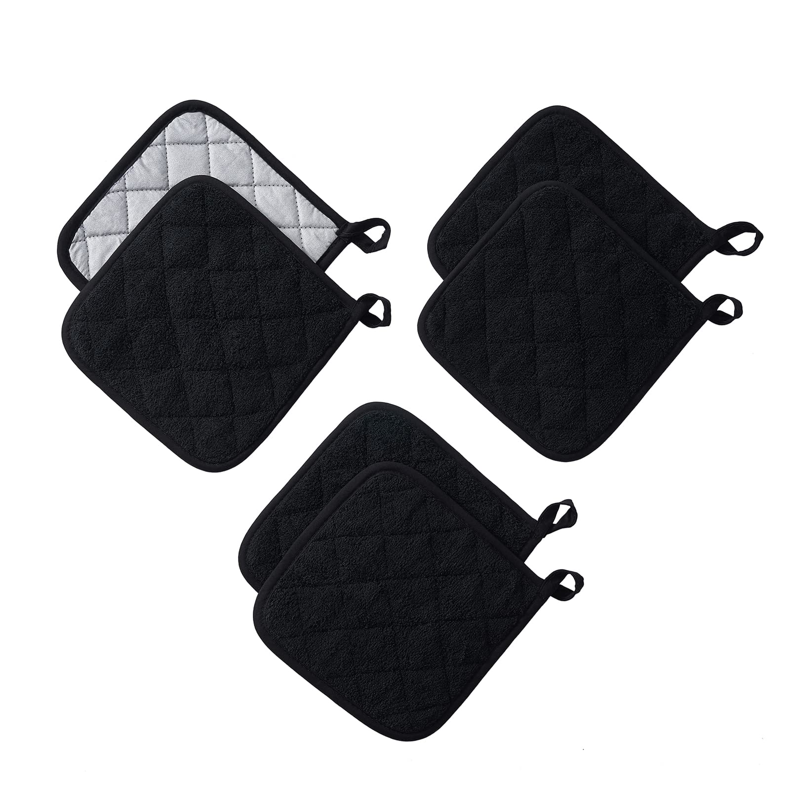 Kitchen Pot Holders Set Heat Resistant Pure Cotton Potholders Kit Trivets Large Coasters Hot Pads Terry Pot Holders for Everyday Cooking and Baking by 7 x 7 Inch Set of 6 Black