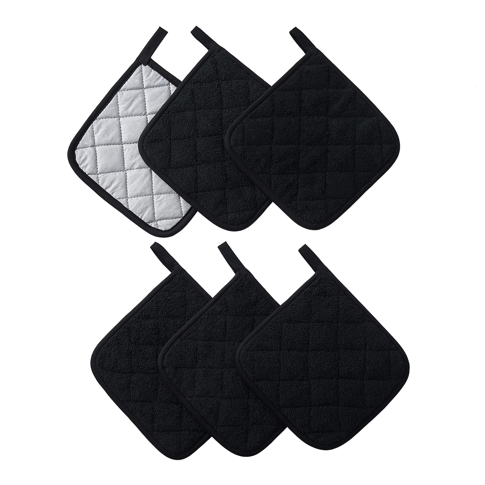 Kitchen Pot Holders Set Heat Resistant Pure Cotton Potholders Kit Trivets Large Coasters Hot Pads Terry Pot Holders for Everyday Cooking and Baking by 7 x 7 Inch Set of 6 Black