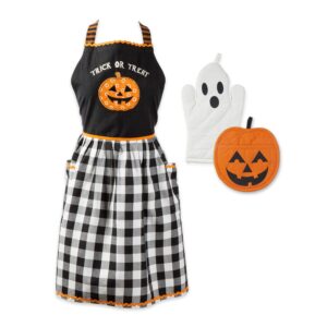 dii halloween cooking & baking collection kitchen accessories, apron & oven mitt set, skeleton, 2 piece