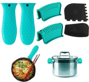 silicone hot handle holder,6pcs pan handle sleeve pot holders cover green, non slip rubber pot holders for kitchen heat resistant, handles grip covers for cast iron skillets frying pans casserole