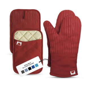 big red house oven mitts and pot holders sets, with the heat resistance of silicone and flexibility of cotton, recycled cotton infill, terrycloth lining, 480 f heat resistant pair red