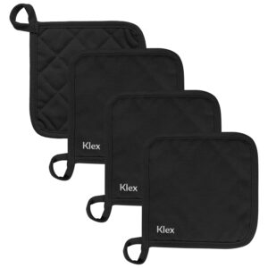 klex 4pcs 100% thick cotton potholders for oven cooking and baking, durable 330gsm hot pads, up to 482°f degrees heat resistance pot holder, heavy-duty cotton canvas, black