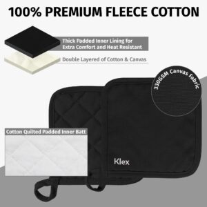 KLEX 4pcs 100% Thick Cotton Potholders for Oven Cooking and Baking, Durable 330GSM Hot Pads, Up to 482°F Degrees Heat Resistance Pot Holder, Heavy-Duty Cotton Canvas, Black