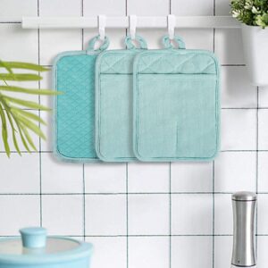 Pot Holders Yarn-Dyed Set of 3 Non Slip Silicone Kitchen Lines Heat Resistant 500℉ Kitchen Gloves BBQ Cooking Baking Cooking Barbecue Microwave Machine Washable (Light Blue Potholders)