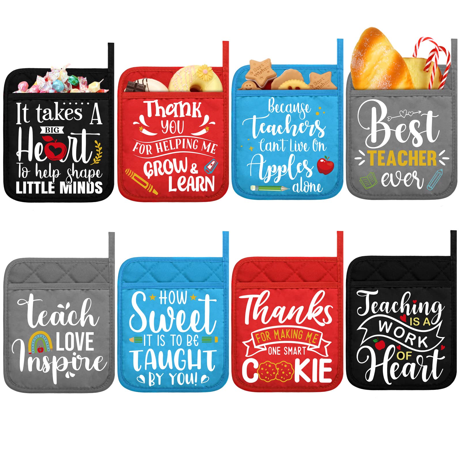 Irenare 8 Pcs Christmas Teacher Appreciation Gifts Hot Pot Holders Funny Oven Mitts Heat Resistant Microwave Oven Mitt Potholders with Hand Pocket Hanging Loop End of Year Gift, 7 x 9 Inch