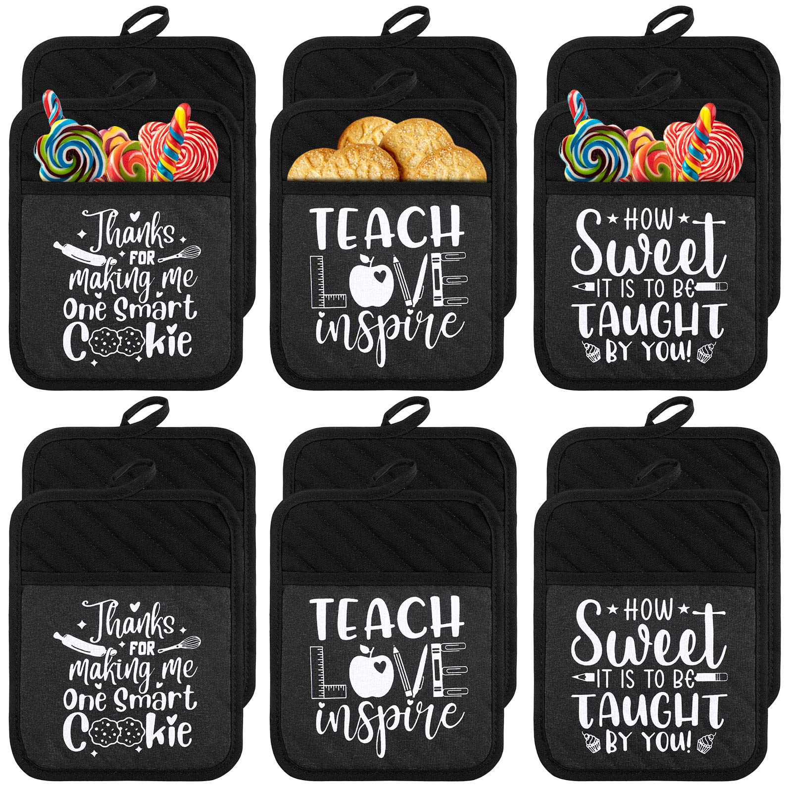 12 Pcs Christmas Teacher Appreciation Gifts Funny Pot Holders with Pockets Heat Resistant Potholder Teacher Oven Mitt Gift Cookies Oven Pads with Hanging Loop for Thanking Baking Cooking, 7 x 9 Inch