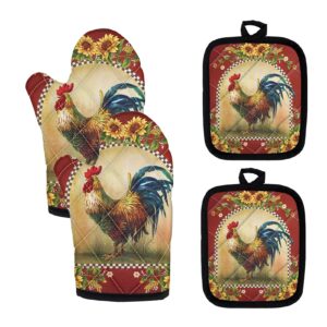 unicue sunflower rooster print kitchen accessoriesi oven mitts and pot holder 4 packs set cooking baking protector gloves and potholder square mat, vintage design