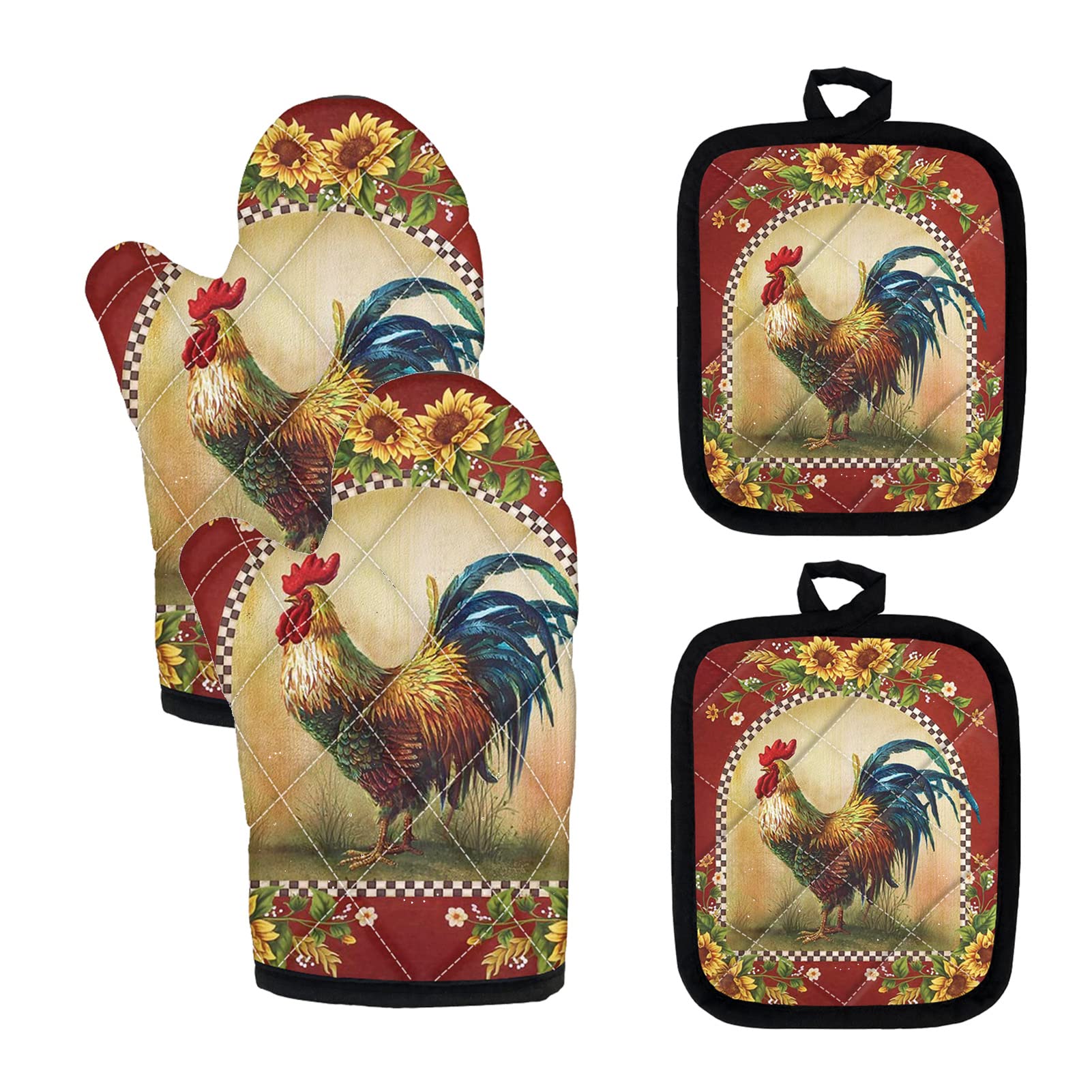 UNICUE Sunflower Rooster Print Kitchen Accessoriesi Oven Mitts and Pot Holder 4 Packs Set Cooking Baking Protector Gloves and Potholder Square Mat, Vintage Design