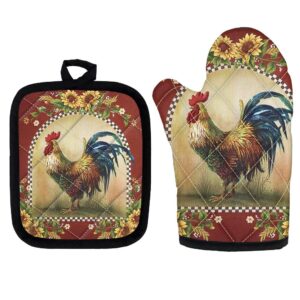 jeocody sunflower and rooster kitchen accessories,oven mitt and pot holder 2 pcs set cooking protector oven gloves and potholder square mat for baking, bbq,farmhouse,restaurant travel