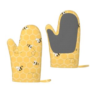 1 Pair Durable Funny Honey Bees Kitchen Silicone Oven Mitts, Yellow Beehive Heat Resistant Lining Fabric Pot Holder Gloves for BBQ Cooking Baking