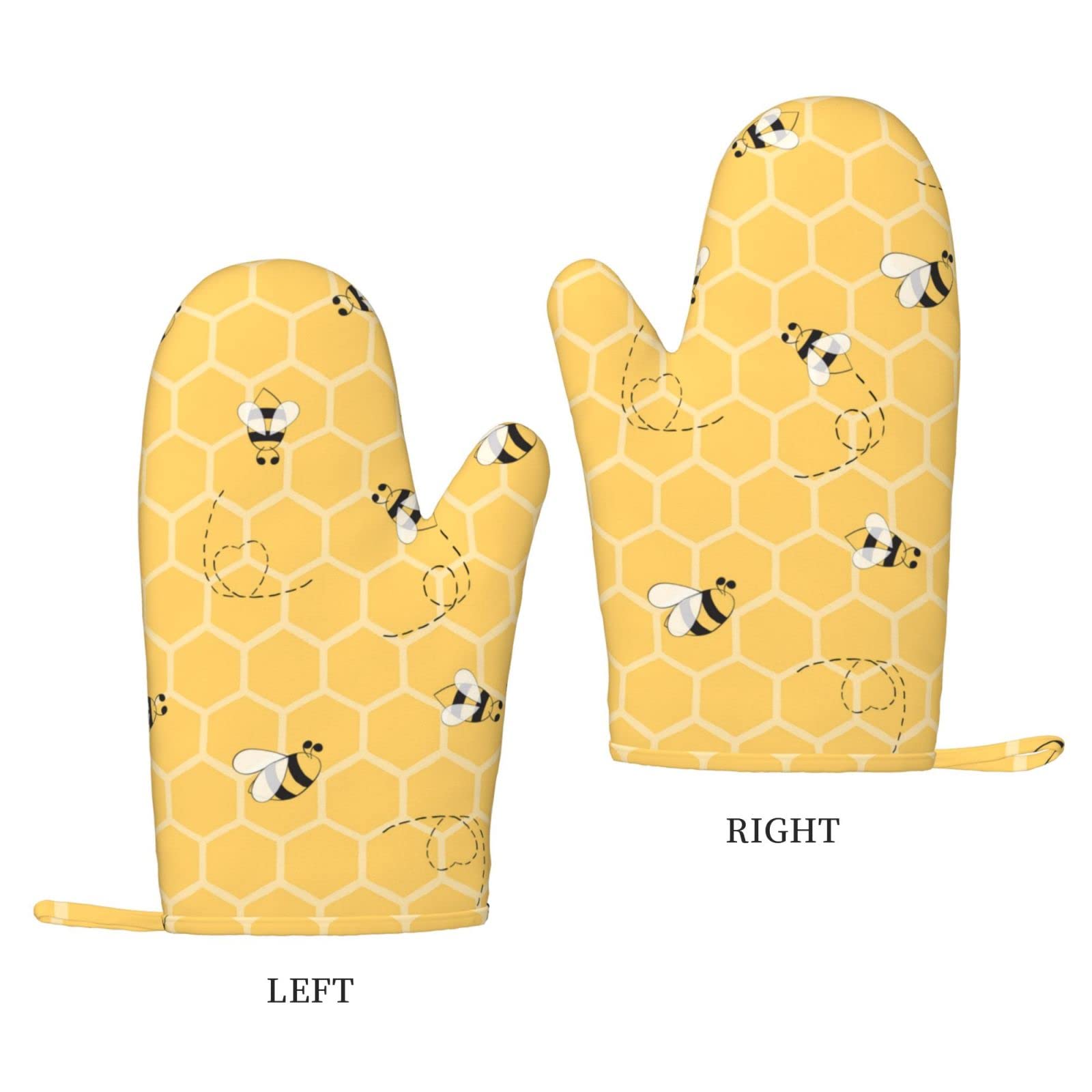 1 Pair Durable Funny Honey Bees Kitchen Silicone Oven Mitts, Yellow Beehive Heat Resistant Lining Fabric Pot Holder Gloves for BBQ Cooking Baking