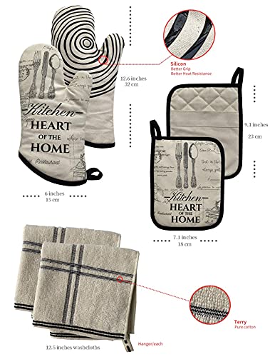 GREVY Cotton Oven Mitts with Silicone Grip Pot Holder Terry Washcloths Basic Kitchen Line Set(6 Pack)