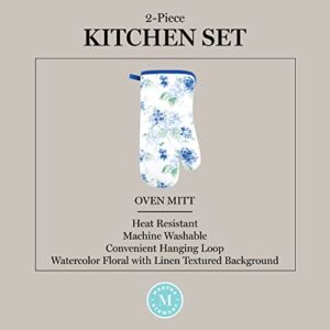 Martha Stewart Amber Floral Oven Mitt & Pot Holder Set 2-Pack, Blue/Green, OM: 7"x13" & PH: 7"x10"