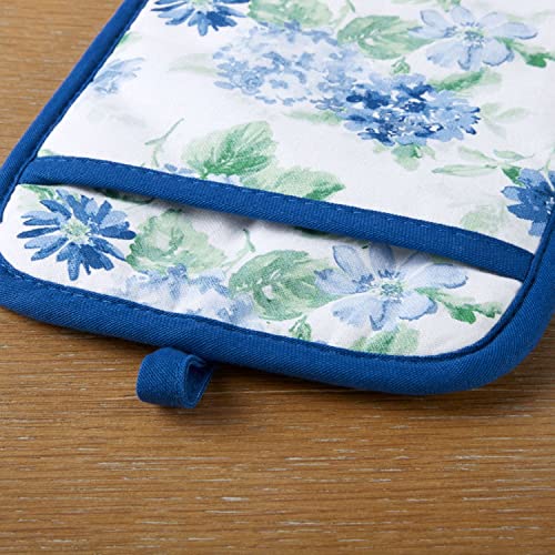 Martha Stewart Amber Floral Oven Mitt & Pot Holder Set 2-Pack, Blue/Green, OM: 7"x13" & PH: 7"x10"