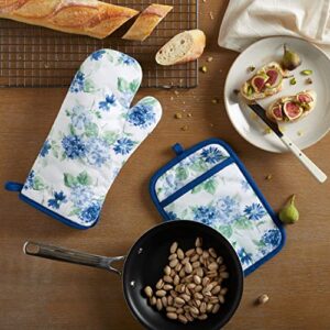 Martha Stewart Amber Floral Oven Mitt & Pot Holder Set 2-Pack, Blue/Green, OM: 7"x13" & PH: 7"x10"