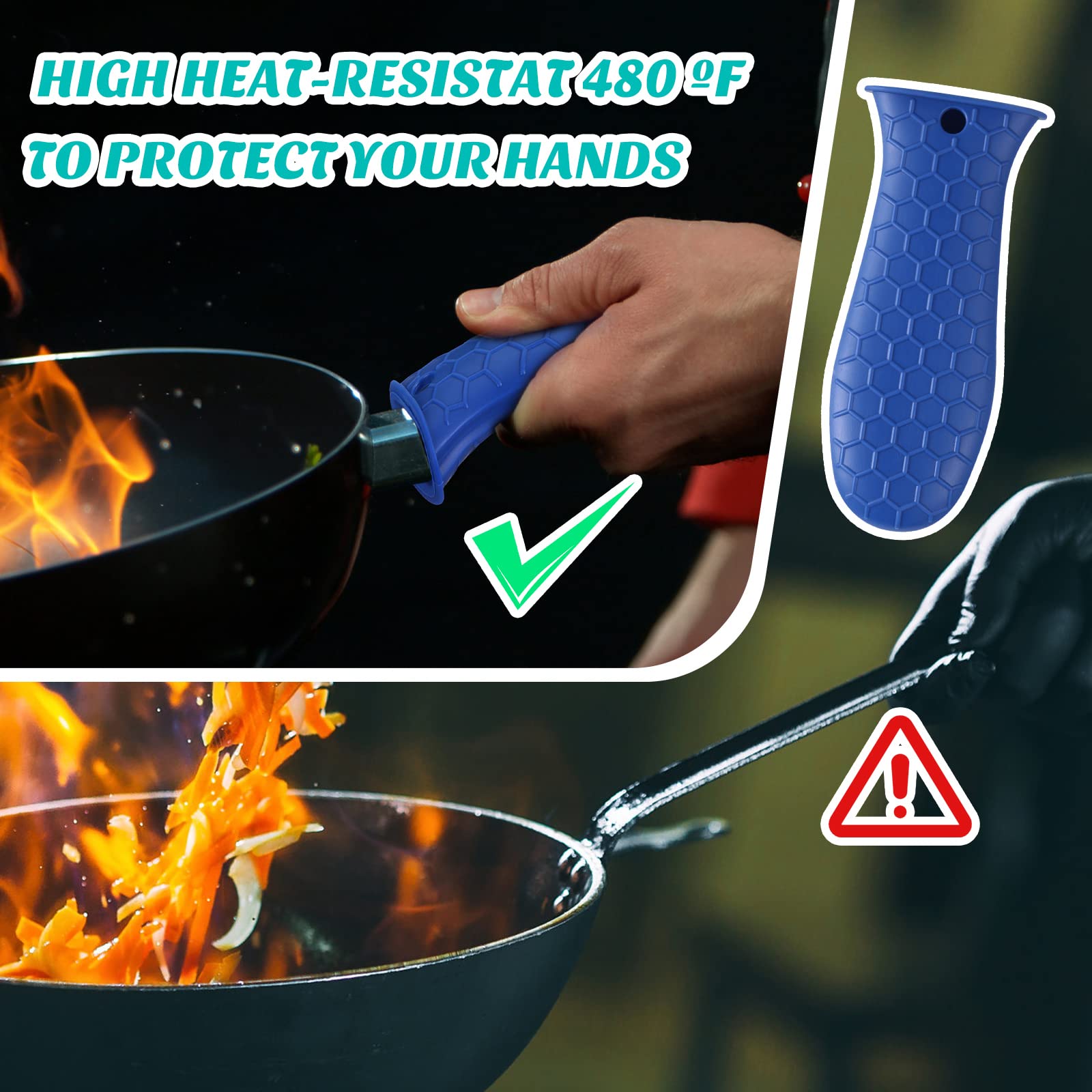 4 Pcs Silicone Hot Handle Holder Heat Resistant Silicone Handle for Cast Iron Skillet Pan Handle Sleeve Handle Cover for Cookware, Green, Grey, Lake Blue, Dark Blue