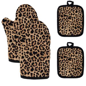 jiueut 4 pcs brown leopard print oven mitts and pot holders set,heat resistant non-slip cheetah kitchen glove and potholder for cooking,baking,grilling