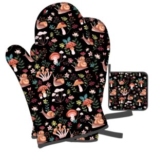snail mushroom oven mitts gloves with pot holders sets, 3 pack heat resistant 480 ℉ non slip cotton lining kitchen women men cooking barbecue microwave animal oven mitts
