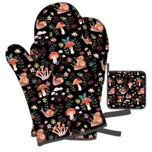 Snail Mushroom Oven Mitts Gloves with Pot Holders Sets, 3 Pack Heat Resistant 480 ℉ Non Slip Cotton Lining Kitchen Women Men Cooking Barbecue Microwave Animal Oven Mitts