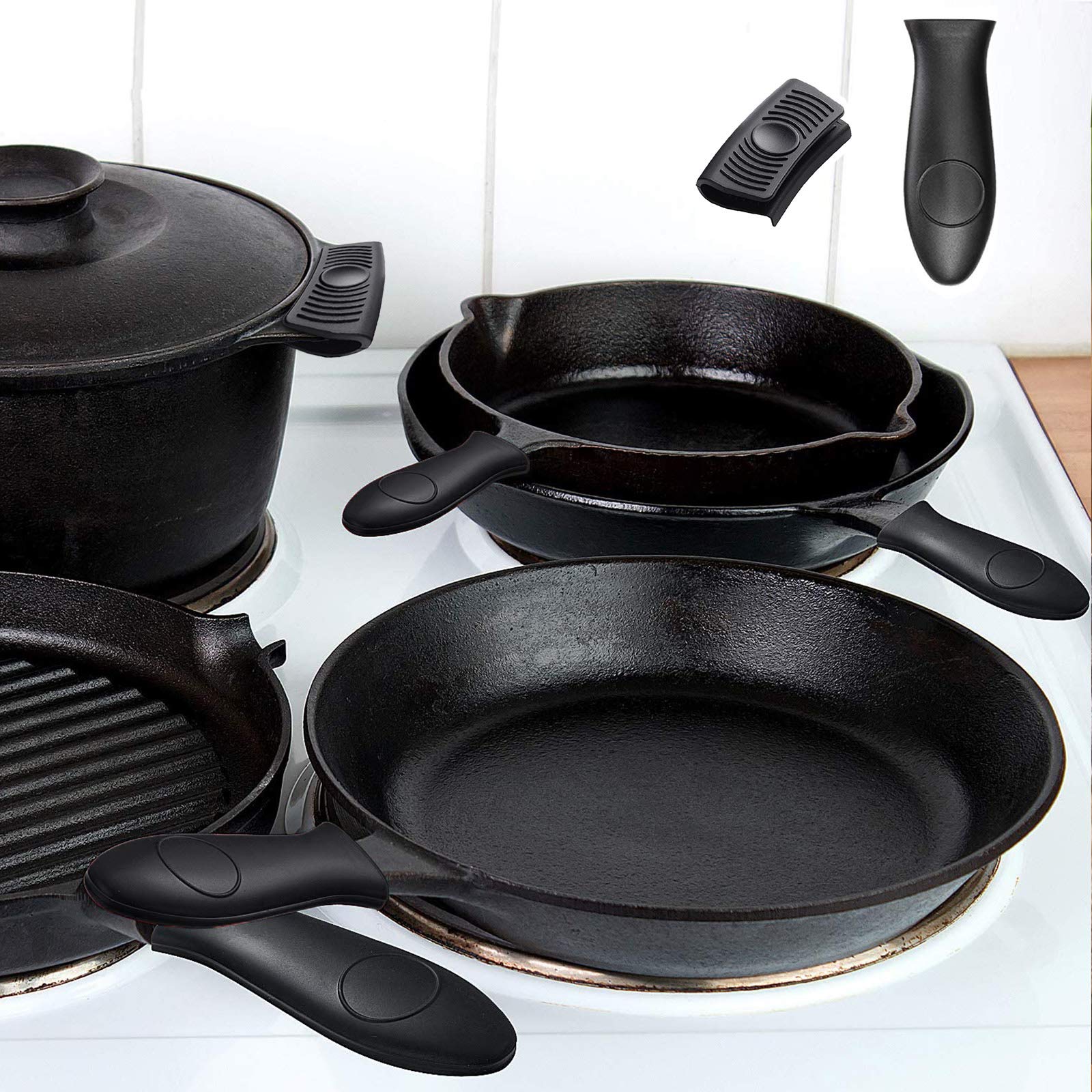 6Pcs Silicone Pot Pan Handle Sleeve, Cast Iron Pot Pan Handle Covers, Dishwasher Safe Heat Resistant Hot Handle Holder 4 Pcs Sleeves 2 Pcs Handle Covers for Skillets Pans Pots Griddles (Black)