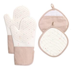 oven mitts and pot holders sets 4pcs set, lengthen high heat resistant oven glove set, waterproof silicone fashion cute microwave gloves safe for baking,cooking, bbq
