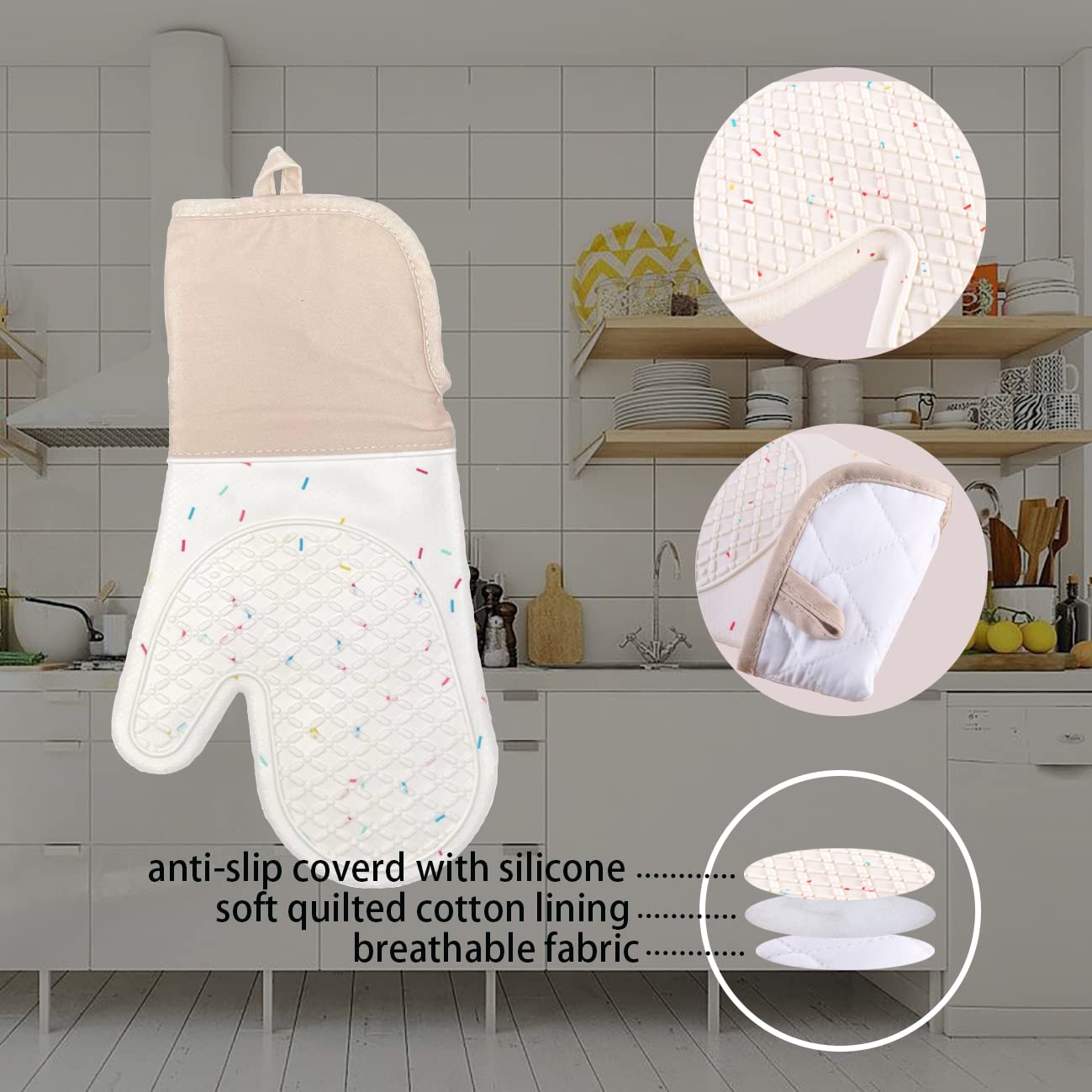 Oven Mitts and Pot Holders Sets 4Pcs Set, Lengthen High Heat Resistant Oven Glove Set, Waterproof Silicone Fashion Cute Microwave Gloves Safe for Baking,Cooking, BBQ