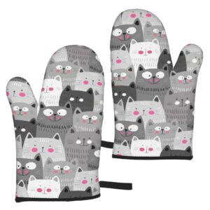 ouqiuwa hipster cartoon cute cat kitten gray oven mitt/glove for easy gripping set of 2 kitchen accessories
