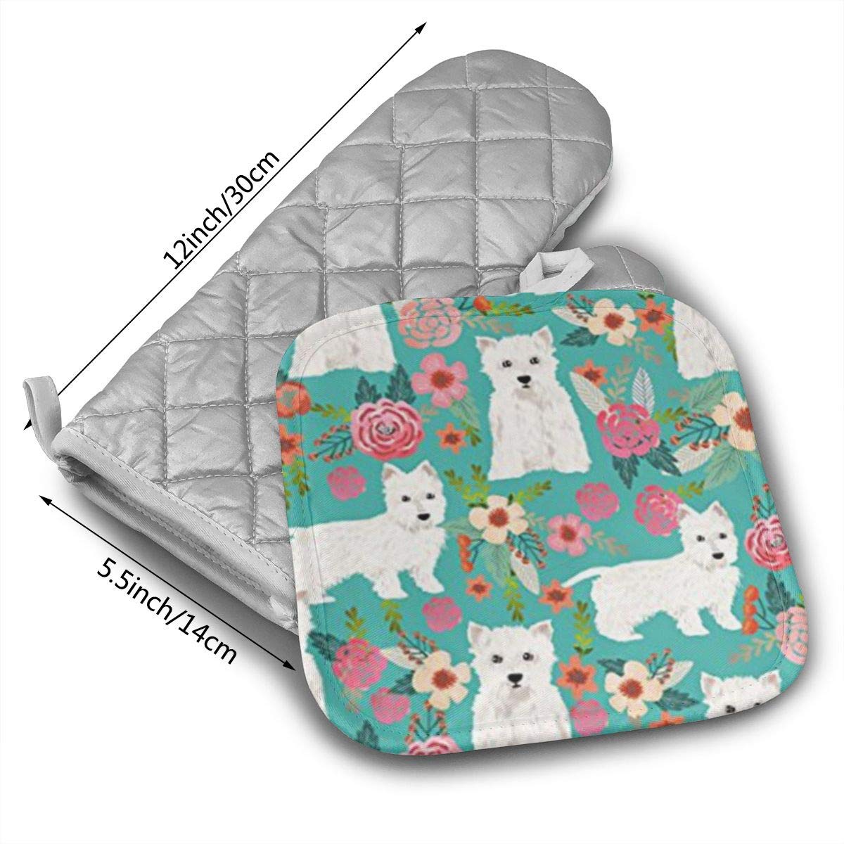 Westie Florals Cute Dog Oven Mitts - Pot Holders - Decor for The Kitchen - Potholder Oven Mitt Set (2 Piece) Includes 1 Potholders 1 Oven Mitts - Kitchen Decor