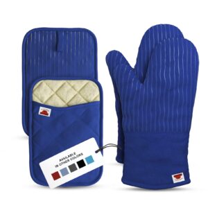 big red house oven mitts and pot holders sets, with the heat resistance of silicone and flexibility of cotton, recycled cotton infill, terrycloth lining, 480 f heat resistant pair royal blue