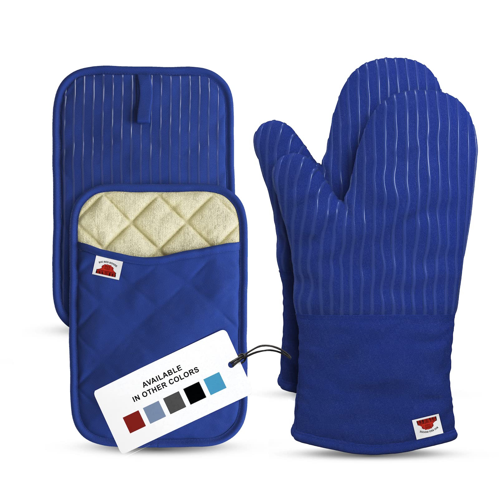 BIG RED HOUSE Oven Mitts and Pot Holders Sets, with The Heat Resistance of Silicone and Flexibility of Cotton, Recycled Cotton Infill, Terrycloth Lining, 480 F Heat Resistant Pair Royal Blue