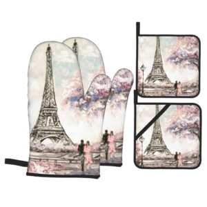 paris eiffel tower oven mitts and pot holders set of 4, oven mittens and potholders heat resistant gloves for kitchen cooking baking grilling bbq