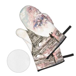 Paris Eiffel Tower Oven Mitts and Pot Holders Set of 4, Oven Mittens and Potholders Heat Resistant Gloves for Kitchen Cooking Baking Grilling BBQ