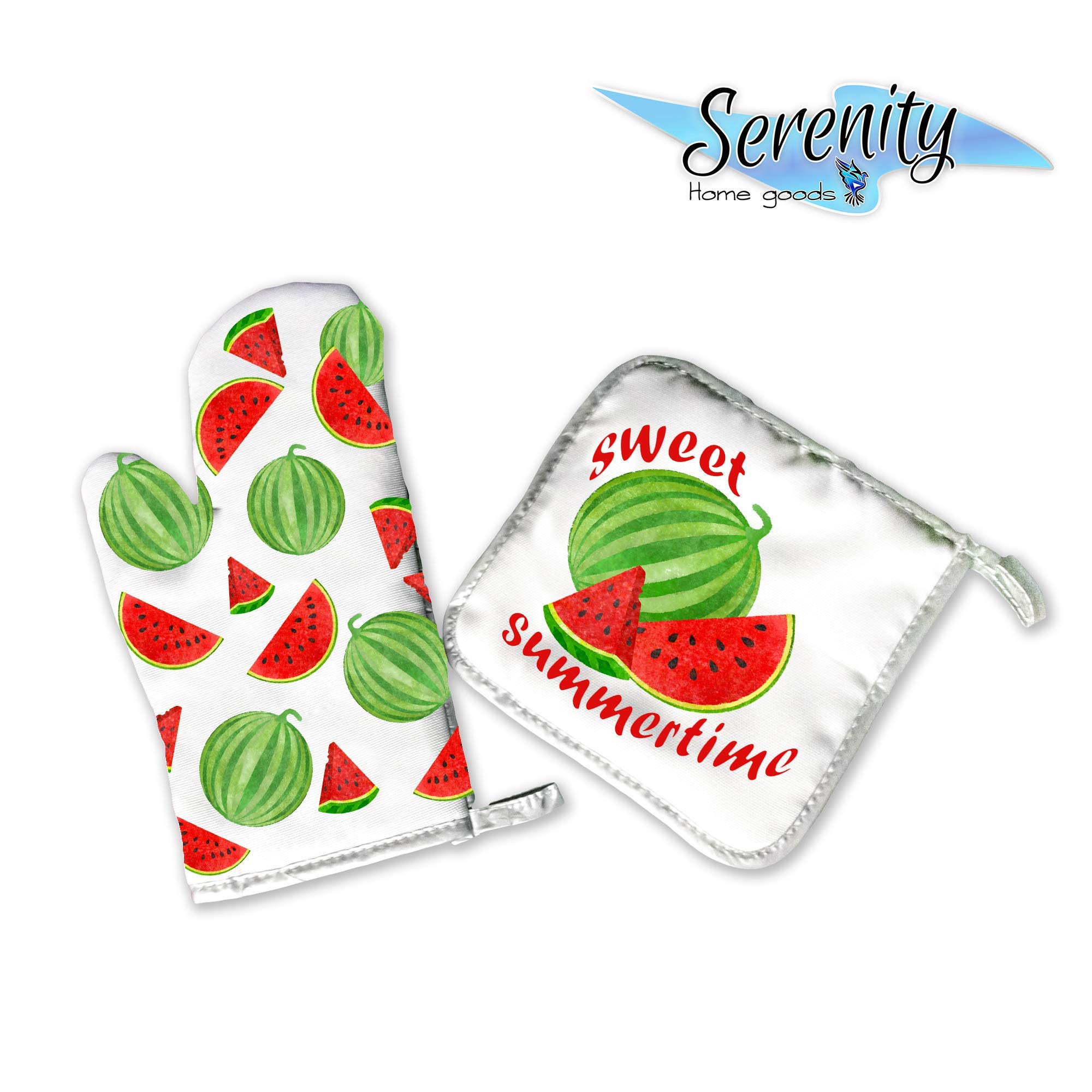 Summer Home Decor | Decorative Kitchen Oven Mitt Hot Plate Pot Holders | Sweet Summertime Watermelon Red Green | White Stove Home Decor Holiday Decorations | Mothers Day Gift Present