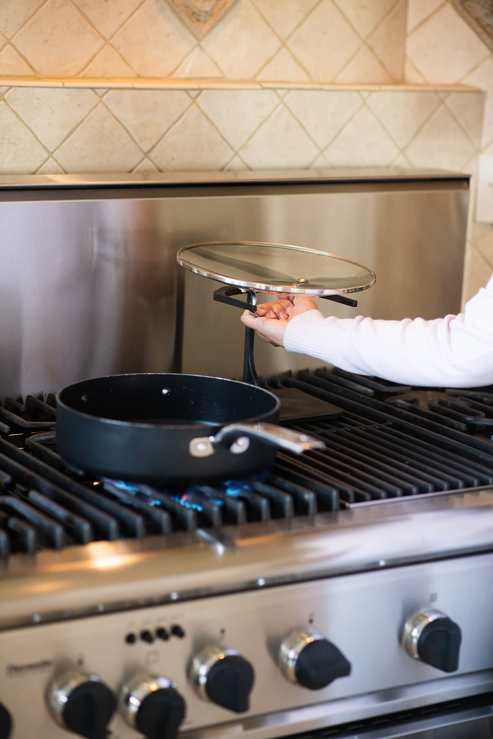 Hot Top Holder for Hot Pan Lids - No Burning of Hands - No Mess - No Condensation - Stone Black