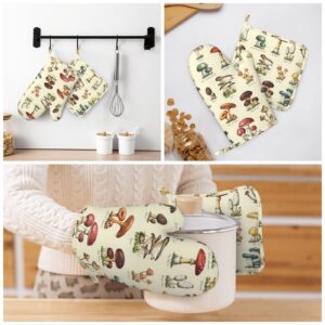 antscvotore The Various Mushroom Art Oven Mitts and Pot Holders Sets,Resistant Recycled Infill Silicone Non-Slip BBQ Gloves for Kitchen,Cooking,Baking,Grilling