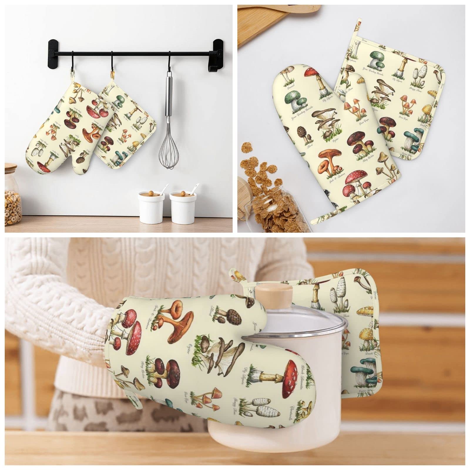 antscvotore The Various Mushroom Art Oven Mitts and Pot Holders Sets,Resistant Recycled Infill Silicone Non-Slip BBQ Gloves for Kitchen,Cooking,Baking,Grilling