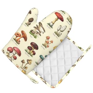 antscvotore The Various Mushroom Art Oven Mitts and Pot Holders Sets,Resistant Recycled Infill Silicone Non-Slip BBQ Gloves for Kitchen,Cooking,Baking,Grilling