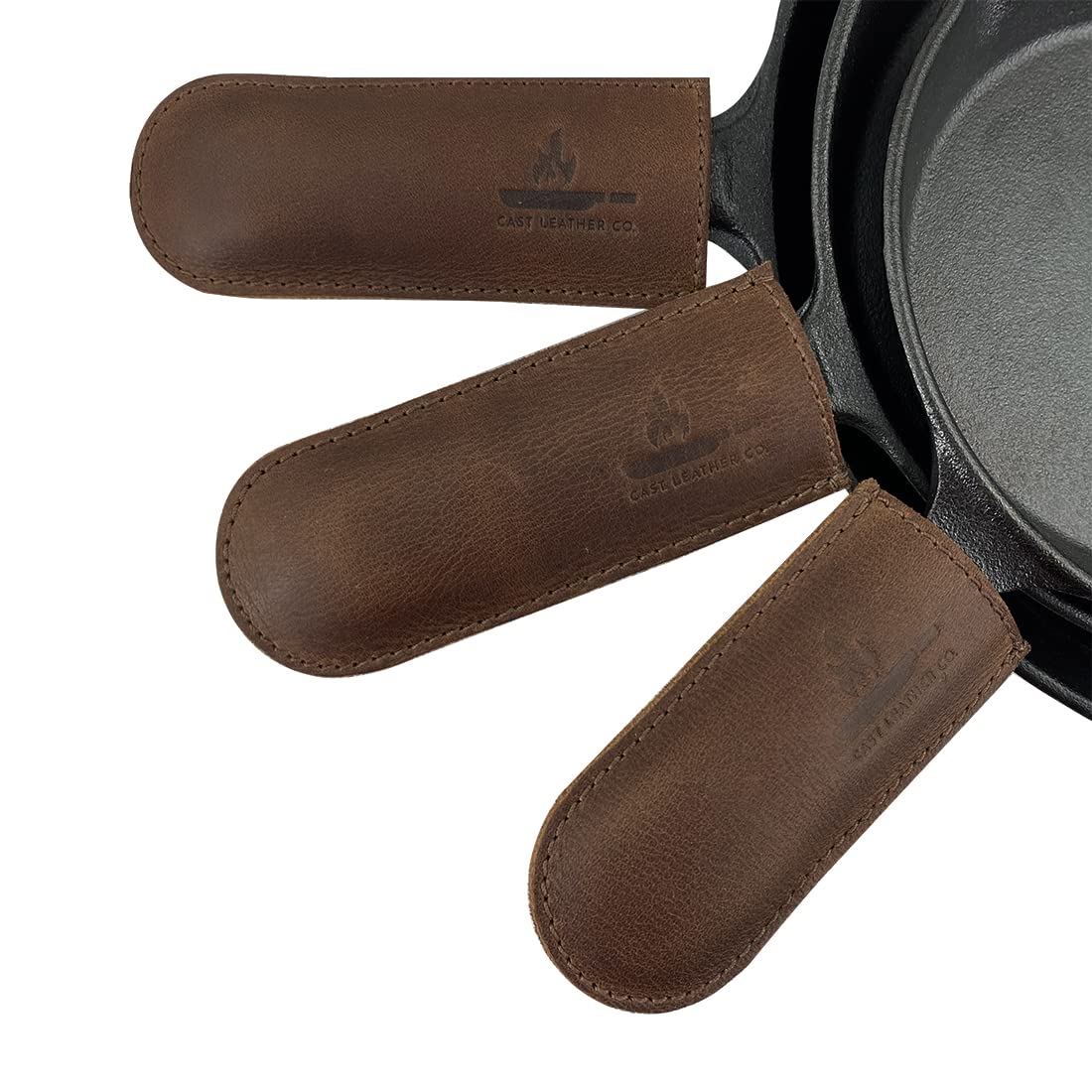 Cast Leather Co., Pan Handles Handmade from Full Grain Leather - Protect Hands from Hot, Great for Cast Iron Skillets - Kitchen, Food Accessory - Durable, Heat Resistant - 3 Pack, Bourbon Brown