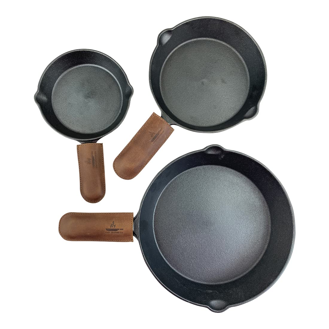 Cast Leather Co., Pan Handles Handmade from Full Grain Leather - Protect Hands from Hot, Great for Cast Iron Skillets - Kitchen, Food Accessory - Durable, Heat Resistant - 3 Pack, Bourbon Brown