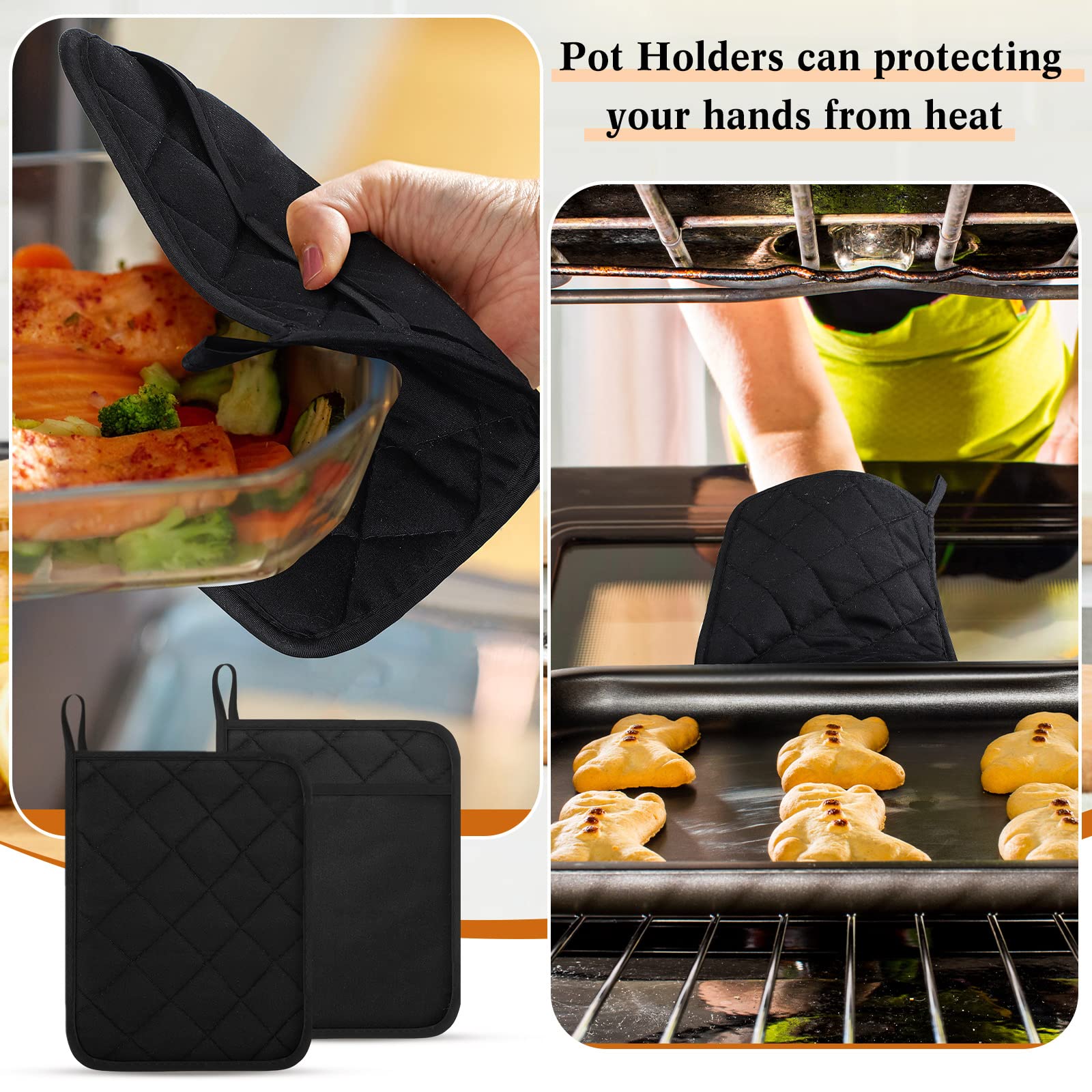 Hoolerry 20 Pieces Cotton Pocket Pot Holders for Kitchen Oven DIY Pot Holders 7 x 9 Inch Heat Resistance Pot Holder Pot Holders with Hanging Loops for Baking Accessories(Black)