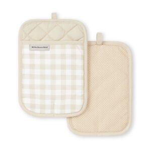 kitchenaid gingham pot holder 2-pack set, milkshake tan, 7"x10"