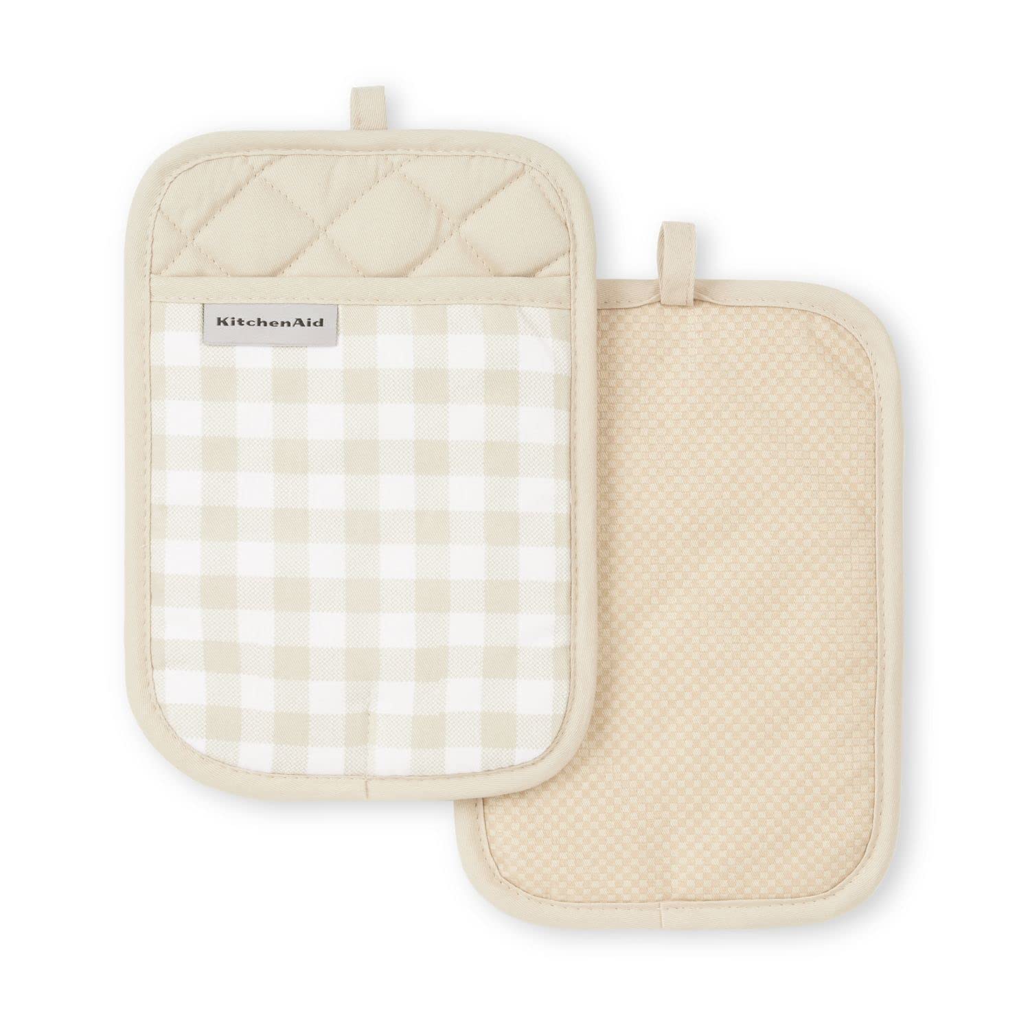 KitchenAid Gingham Pot Holder 2-Pack Set, Milkshake Tan, 7"x10"