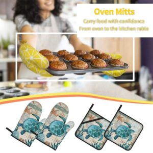 MSGUIDE Sea Turtle Oven Mitts and Pot Holders Sets, Heat Resistant 4 Pcs for Safe BBQ Cooking Baking Grilling