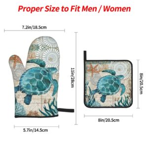 MSGUIDE Sea Turtle Oven Mitts and Pot Holders Sets, Heat Resistant 4 Pcs for Safe BBQ Cooking Baking Grilling