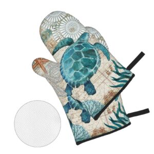 MSGUIDE Sea Turtle Oven Mitts and Pot Holders Sets, Heat Resistant 4 Pcs for Safe BBQ Cooking Baking Grilling