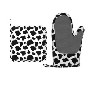 oven mitts and potholders cow prints silicone glove heat resistant, kitchen gloves for cooking, 2-piece set